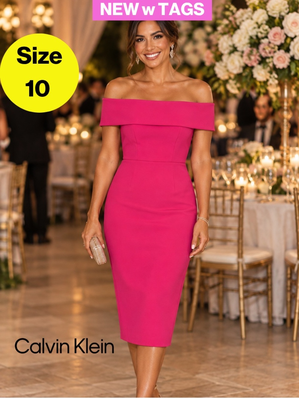 NEW w TAGS 🏷️ CALVIN KLEIN Off-Shoulder Fuchsia Sheath Dress (Women’s 10)